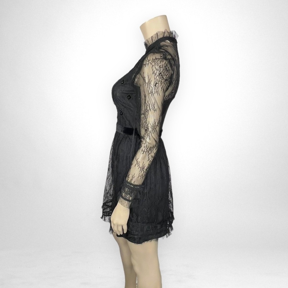 ZARA BASIC Small Black Lace Sheer Long Sleeve Dress High Neck Little Black Dress - Picture 2 of 8
